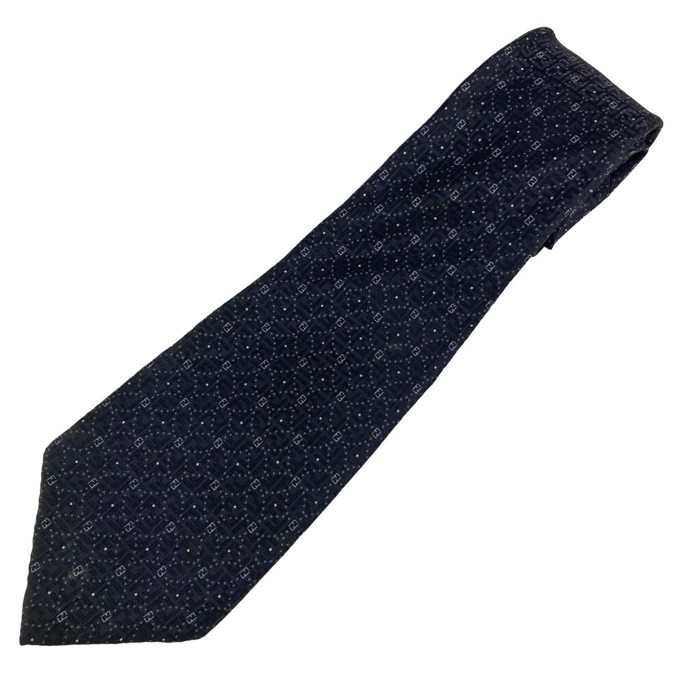 Fendi Silk Tie Navy Blue FF Logo Monogram Made In Italy Designer Luxury Necktie